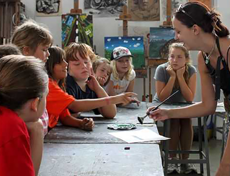 Teens and painting instructor standing around a table.