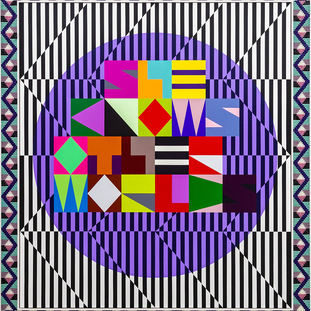 An optical illusion-esque painting with black and white zig-zagged, stripes in the background. On top of that, there is a translucent blue circle with squared letters that say "She knows other worlds."