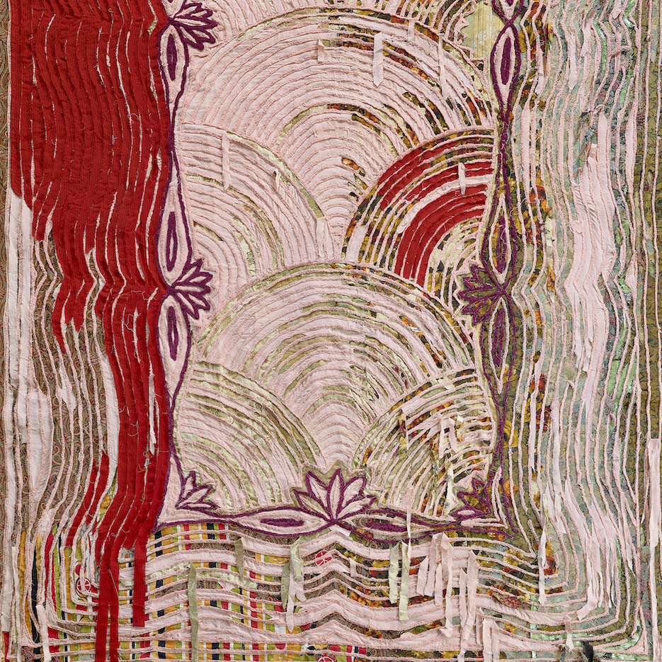 Elena Herzog, American Pastoral, 2021 Vintage chenille bedspread, mixed textiles, and thread 115 x 92 inches. It has wave-like patterns in pink, red, and brown tones. The pattern boarders the paper and makes semi-circles in the middle.