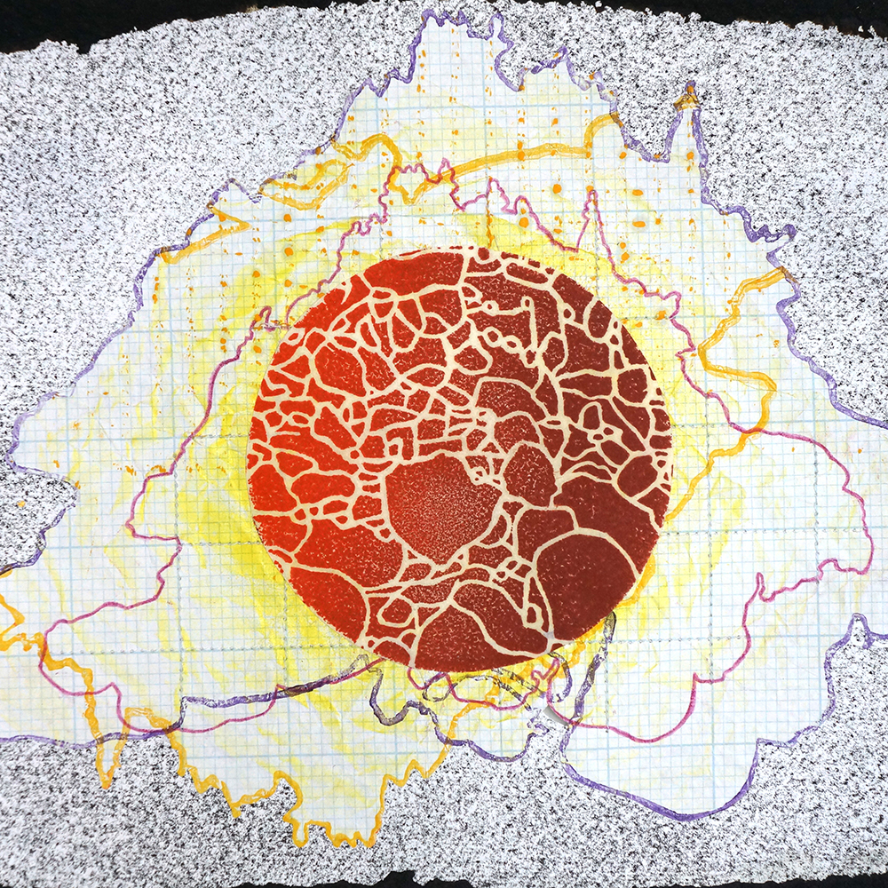 Sandra Eula Lee The Walking Mountain (series), 2014-23, Mixed media on paper, 8.5 x 11 inches. In the middle there is a red circle with beige, web-like patterns. Behind it is graph paper with jagged purple and yellow lines and on the most outer part of the painting is a speckled background.