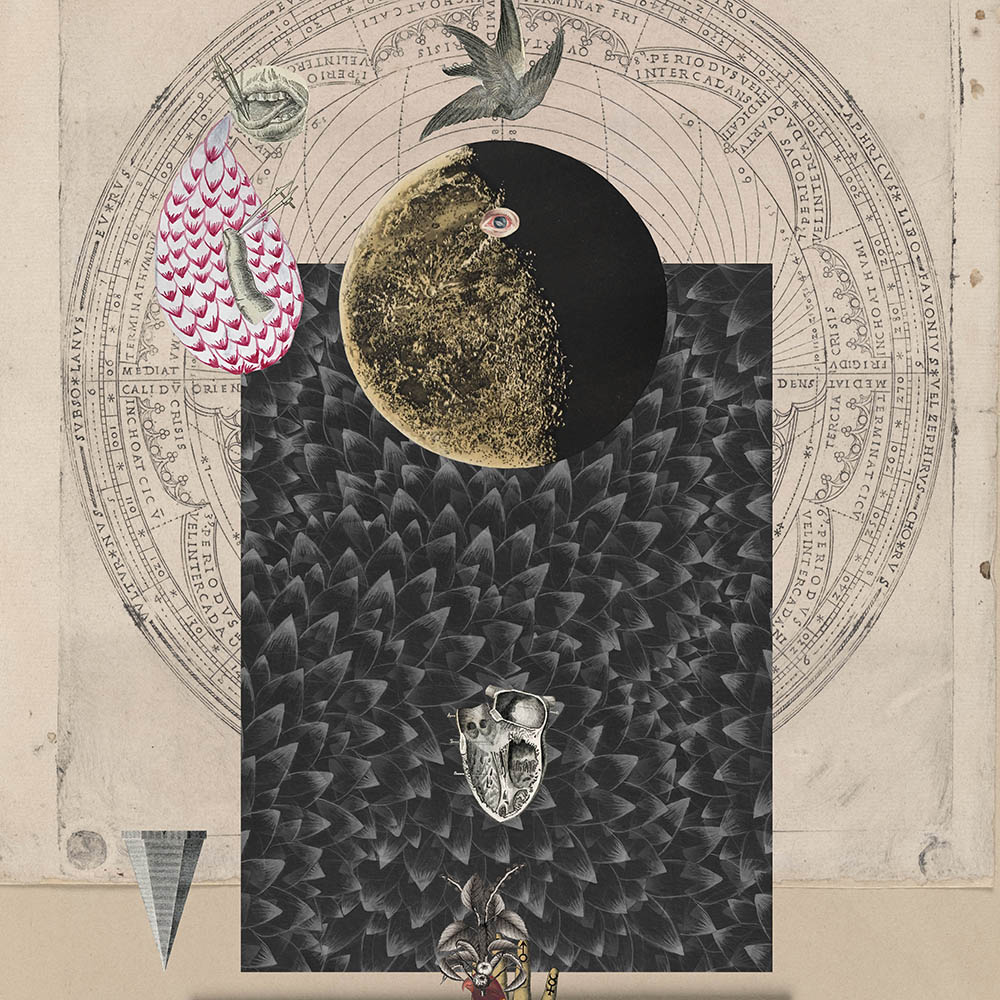 Samata Batra Mehta, Redux // Search for the Empyrean #1, 2021, Digital Ink on Archival Paper (ed. of 5), 22 x 30 inches. It has a golden moon with an eye on top above a dark, feather-like pattern, surrounded by things like a vintage astronomical diagram, a heart, and a bird.