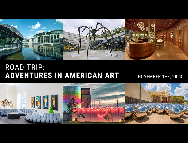 Black graphic that says, "Road Trip: Adventures in American Art, November 1-3, 2023." There are six photographs of various sculptures sitting above and below the text.
