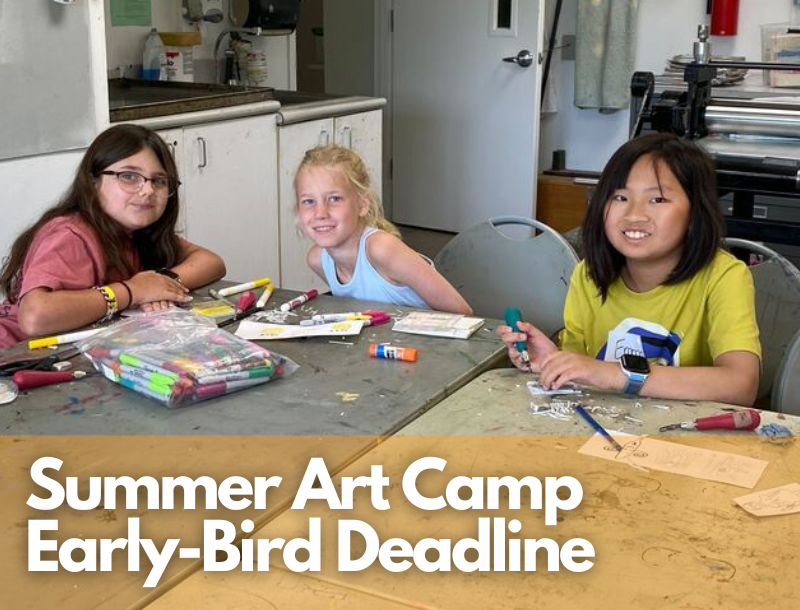 Three children sitting at a desk at Summer Art Camp. Text says, "Summer Art Camp Early-Bird Deadline."