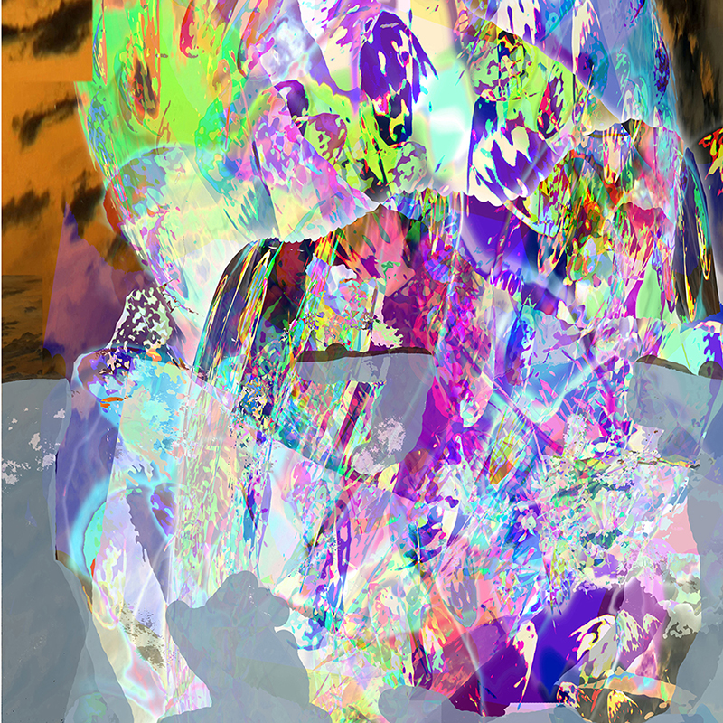Kay Reese. Intervention, 2020, Photo-based digital collage printed with archival ink on lustre photo paper, 24 x 30 inches. Depicts iridescent pieces in front of a white and orange background.