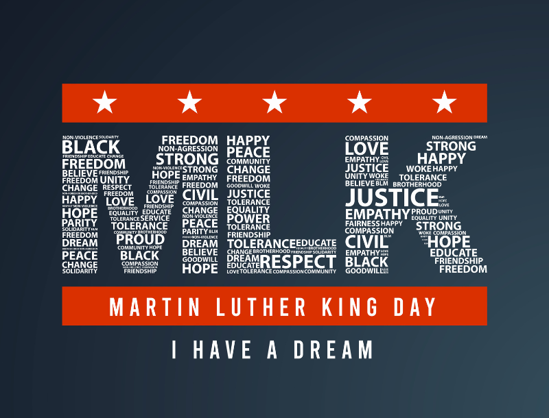 MLK Day "I Have a Dream" Graphic. It has the letters MLK spelled out with positive words.
