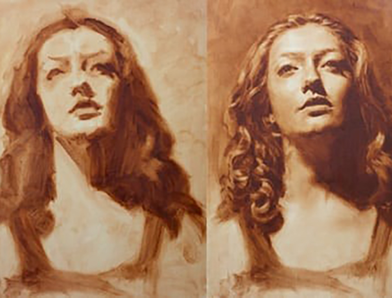 An oil painting, in two stages, of a women with dark, curly hair looking upwards.