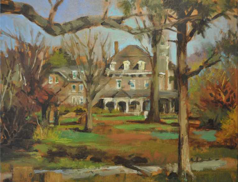 Plein Air Painting of a house behind several bare and autumn trees.