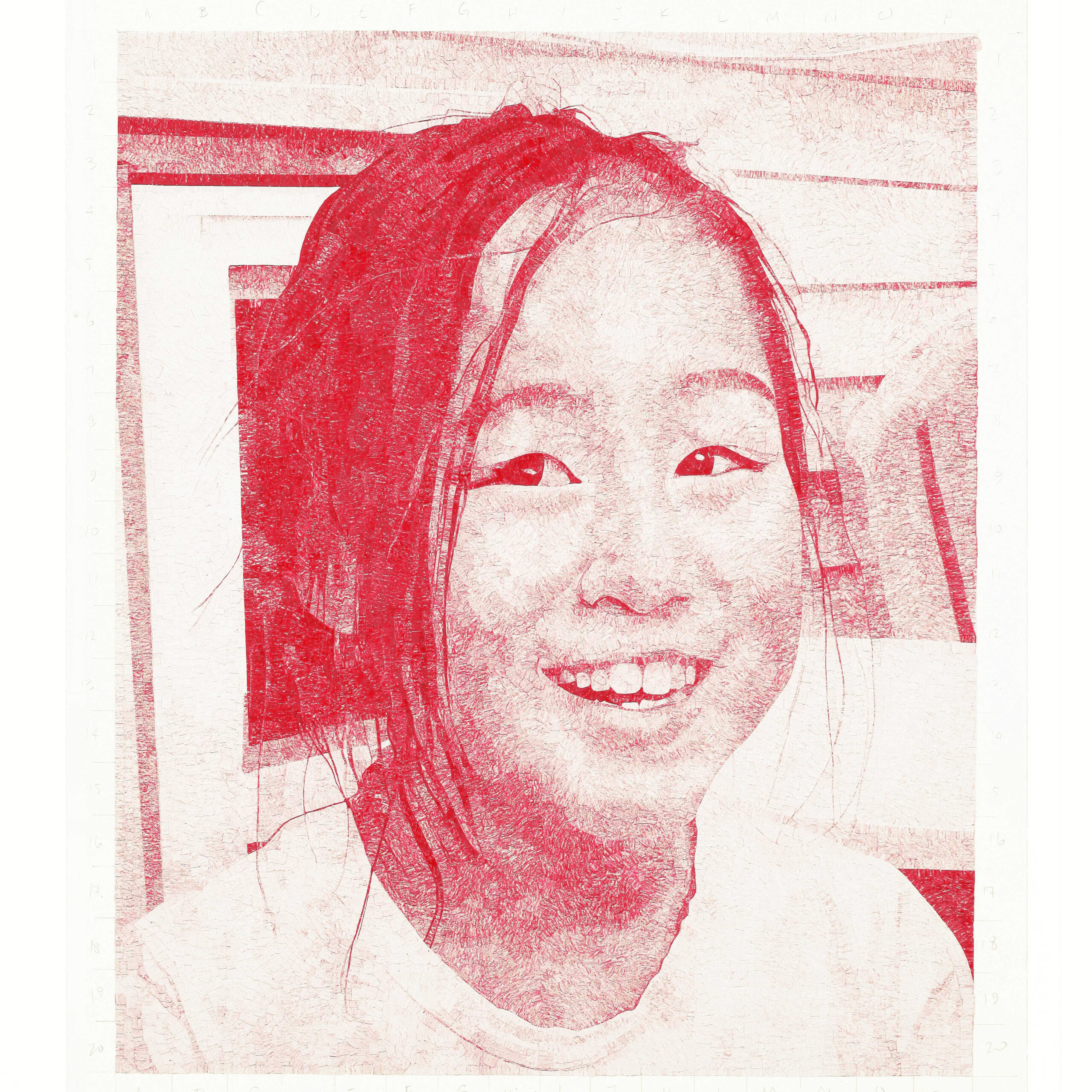 Niece (Stella), 2018 China marker, graphite, stickers on paper 31 3/8 x 26 3/8 inches. Shows a young, smiling, Asian girl, made only using values of red and white.