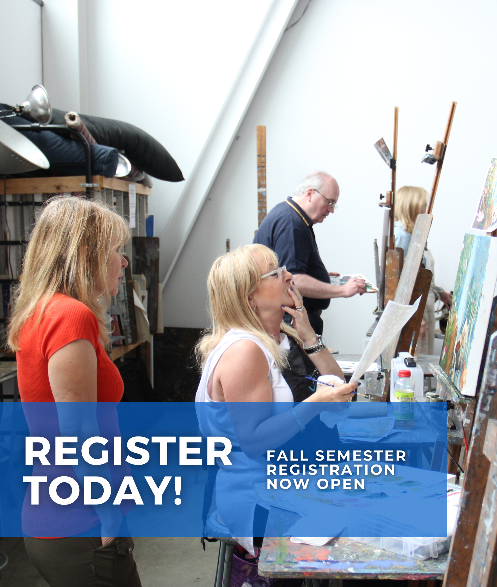 Woman artist teaching a student at an easel. Below it says "Register Today! Fall Semester Registration Now Open."