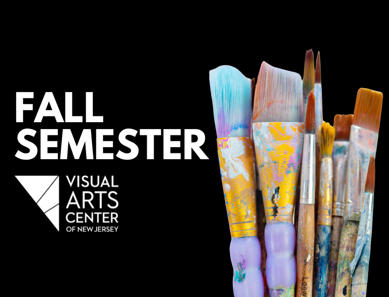 It says, "Fall Semester" with the Visual Arts Center logo below. Next to it are a collection of brushes.
