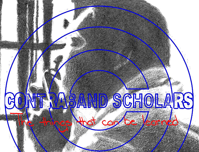 Contraband Scholars under the guidance of JD McGuire, The Things that can be Learned, 2020, digital print, dimensions variable. It shows a man looking out the bars of a cell in black and white. On top of that is two blue outlines of circles, one inside the other, and an outline of a C inside of that. The text in the middle of the image says, "Contraband Scholars. The things that can be learned."