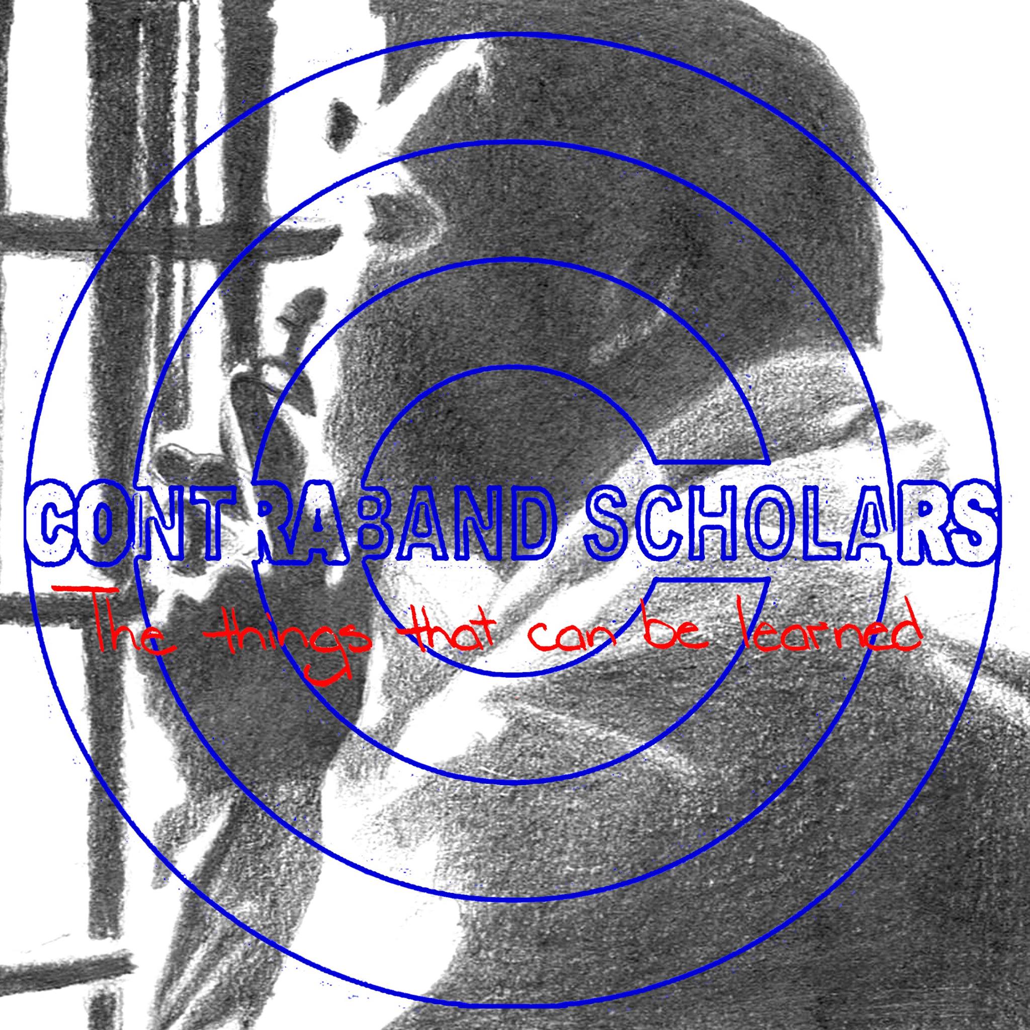 Contraband Scholars under the guidance of JD McGuire, The Things that can be Learned, 2020, digital print, dimensions variable. It shows a man looking out the bars of a cell in black and white. On top of that is two blue outlines of circles, one inside the other, and an outline of a C inside of that. The text in the middle of the image says, "Contraband Scholars. The things that can be learned."