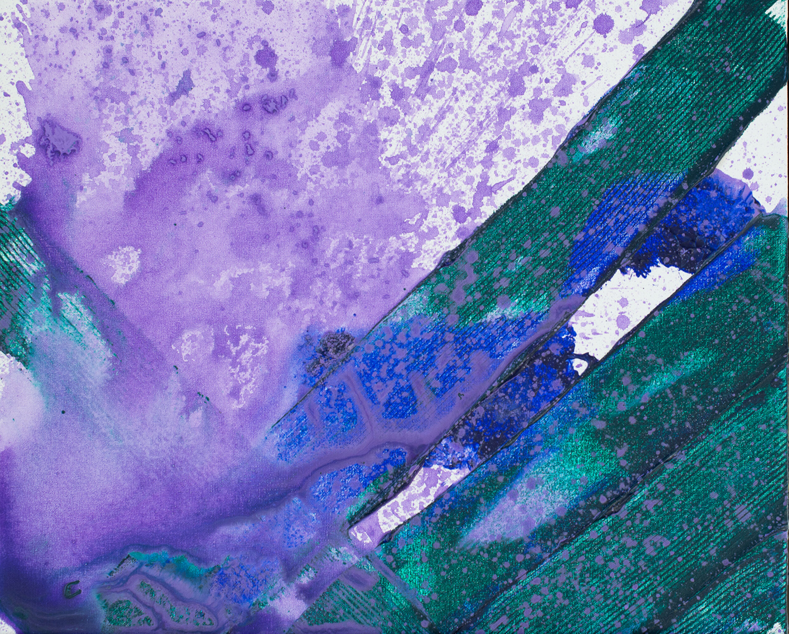 Lloyd Decker Houdini, 2022 Acrylic on canvas board 16 x 20 inches. It features green diagonal strokes of paint on the bottom right against a white background. The left half of the canvas is filled with purple paint splatters.