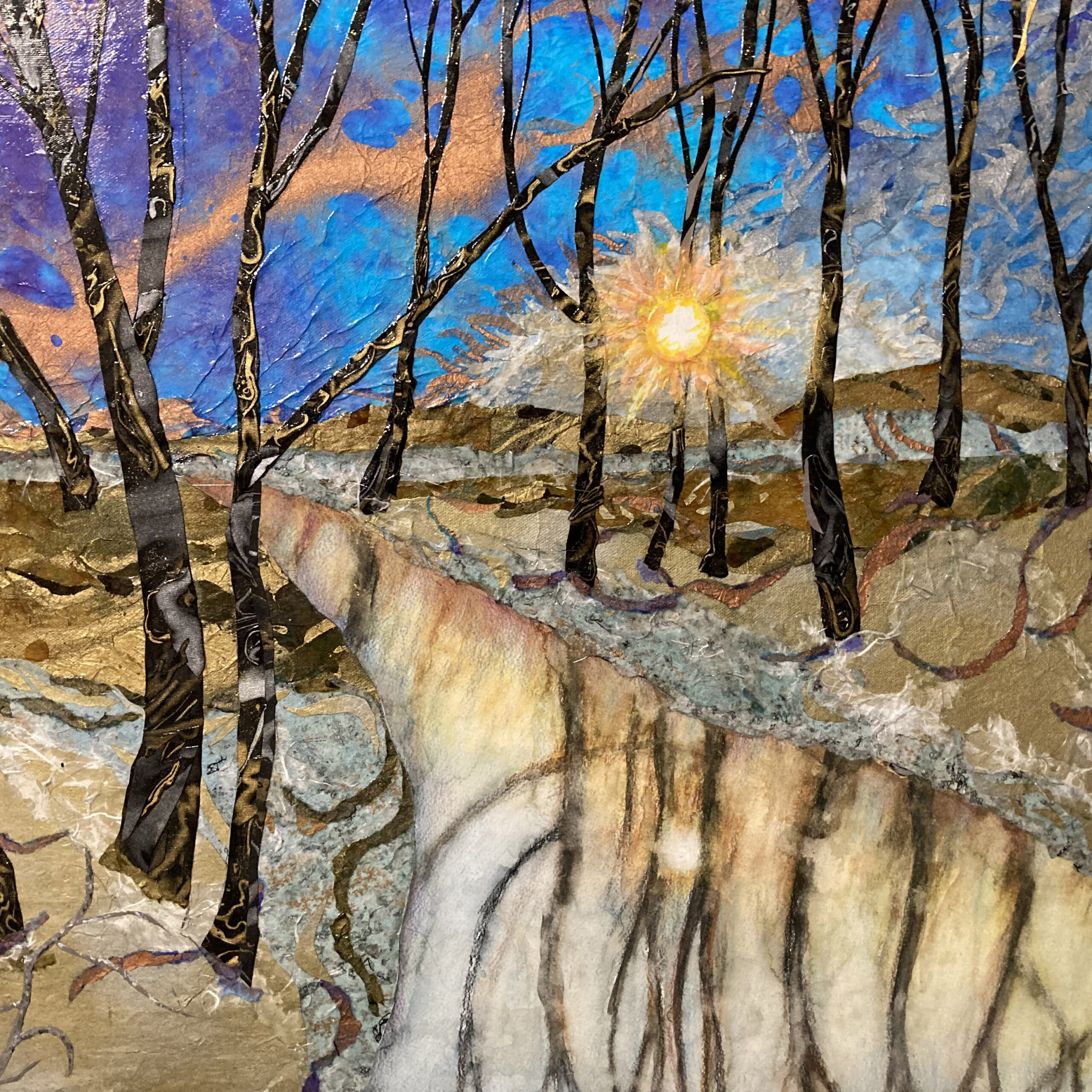 Frosted by Kat Block (2023). It is a 24 x 30 inch Mixed Media artwork that features leafless trees next to a ravine, where the tree's roots can be seen. The sky is purple and blue and the sun is peeking through the trees.