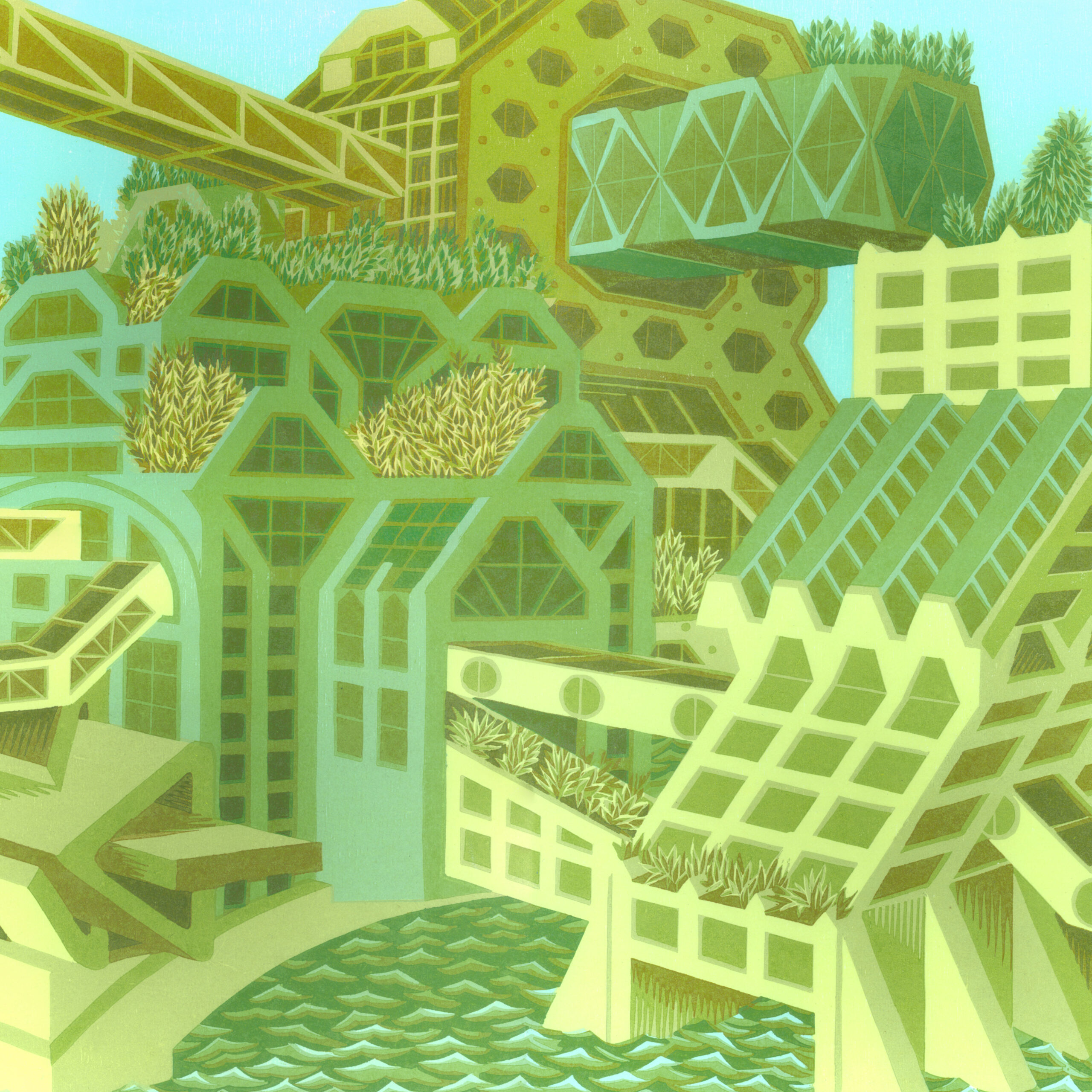 A 15 x 20 inch print by Michael Dal Cerro, called Rising Waters. Made in 2024, it features a green city filled with plants and abstract architecture in the middle of water. Shown in courtesy of the artist.