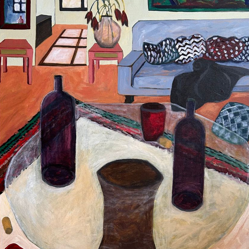 Neha Kulkarni's The Aftermath of Gatherings (2024). It is a 30 x 40 inch acrylic on canvas painting that displays a living room. The main focus of the painting are the cups and wine bottles on the coffee table, with little things like a spilt cup and messy sofa scattered around the scene.