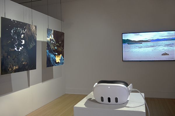 An installation view of ETA at VisArts. There is a VR headset in the foreground and a TV screen displaying a beach in the back. On the left, there are two abstract paintings hanging from the ceiling. Shown in courtesy of VisArts.
