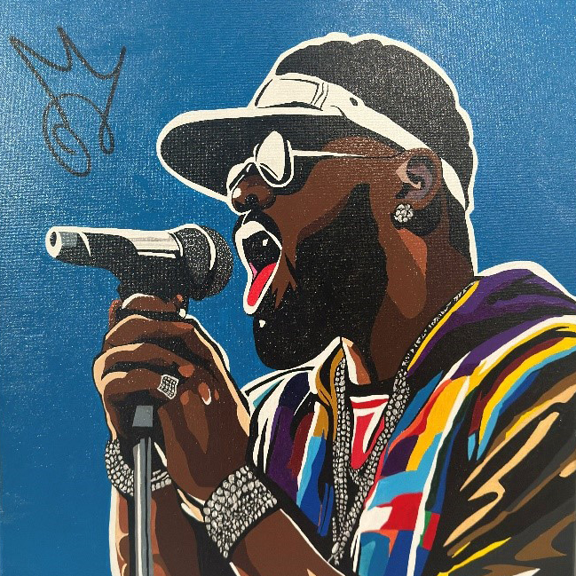 Mic Check by Justin Cepeda (2024) is a 16 x 20 inch acrylic, paint marker, and alcohol marker painting made on canvas. It features a black man in colorful streetwear and chunky, silver jewelry singing into a mic.