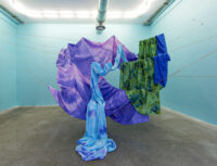 Leila Seyedzadeh, Suspended Mountain, 2017, hand-dyed cotton cloth, found cloth, rope, 13 x 9 x 5 in. Courtesy of the artist.