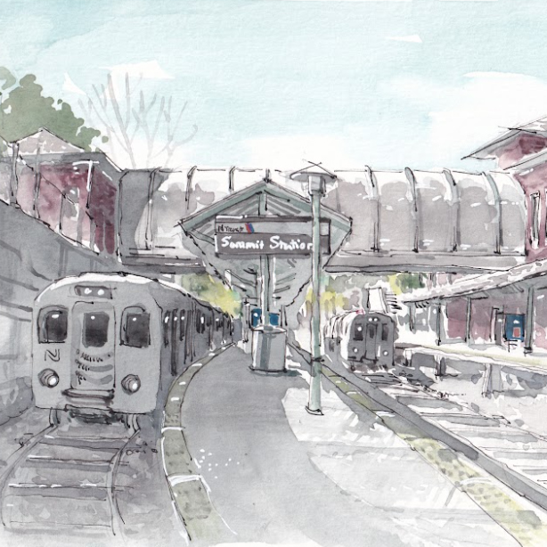 Watercolor illustration of Summit Station, a NJ Transit train station, showing two silver commuter trains on parallel tracks. A covered pedestrian bridge connects the platforms above, and a canopy with a sign reading "Summit Station" extends over the platform. A historic red brick station building stands on the right, and trees and soft colors in the background suggest a peaceful, early spring or autumn setting.