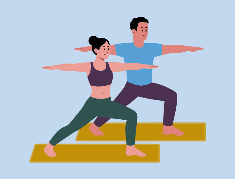 A graphic of a man and a woman practicing Yoga.