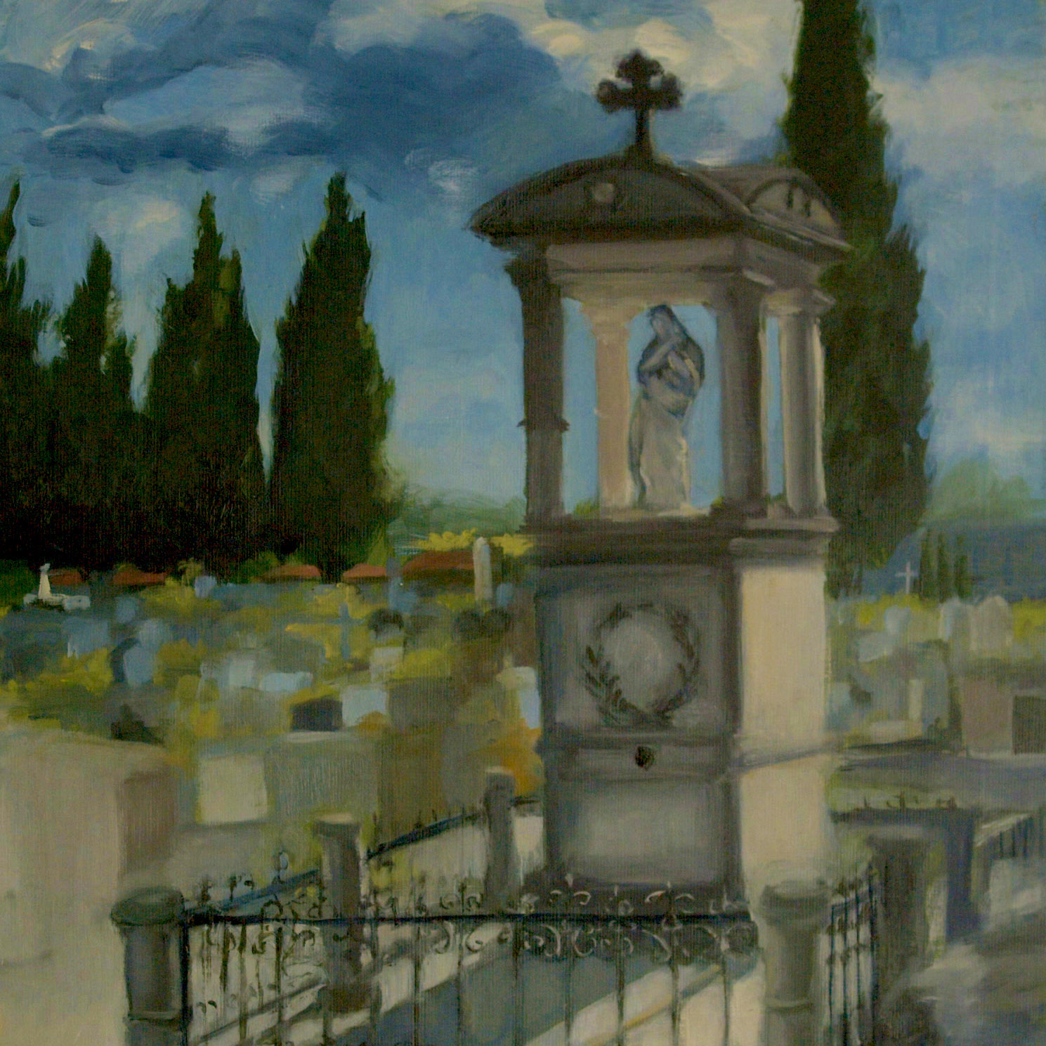 A painting of a cemetery under a partly cloudy blue sky. In the foreground stands a tall stone monument topped with a cross, featuring a niche containing a statue of the Virgin Mary. The monument is enclosed by an ornate black iron fence casting shadows on the ground. Rows of gravestones stretch into the background, with tall, dark green cypress trees rising against the sky. The overall scene is calm and contemplative, with soft, muted colors.