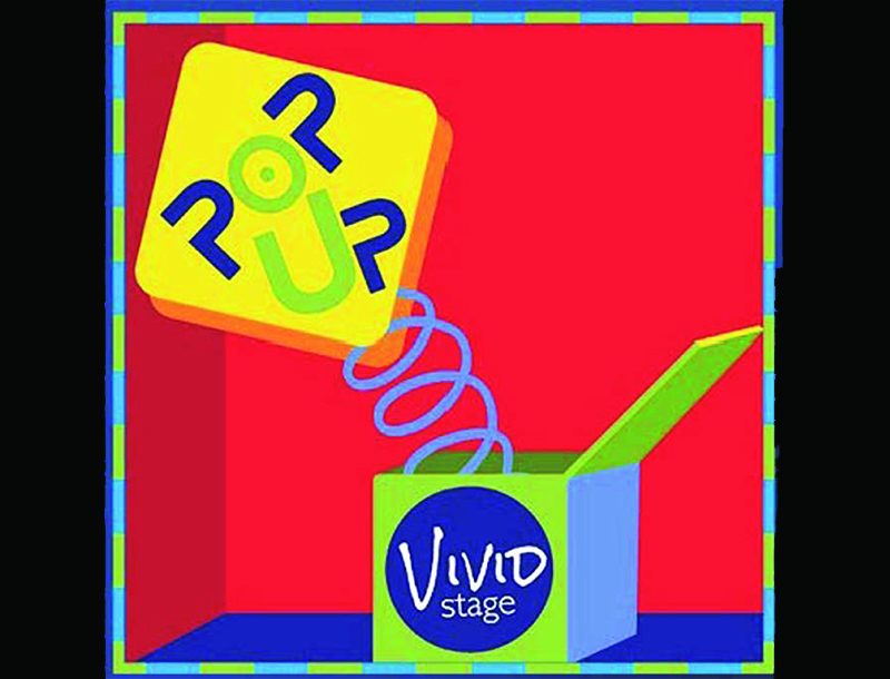 Bright, graphic illustration of a colorful jack-in-the-box toy popping open. A yellow cube with bold letters springs upward on a coiled blue spring from a green box labeled “Vivid Stage,” set against a vivid red background with a decorative blue-and-green border.