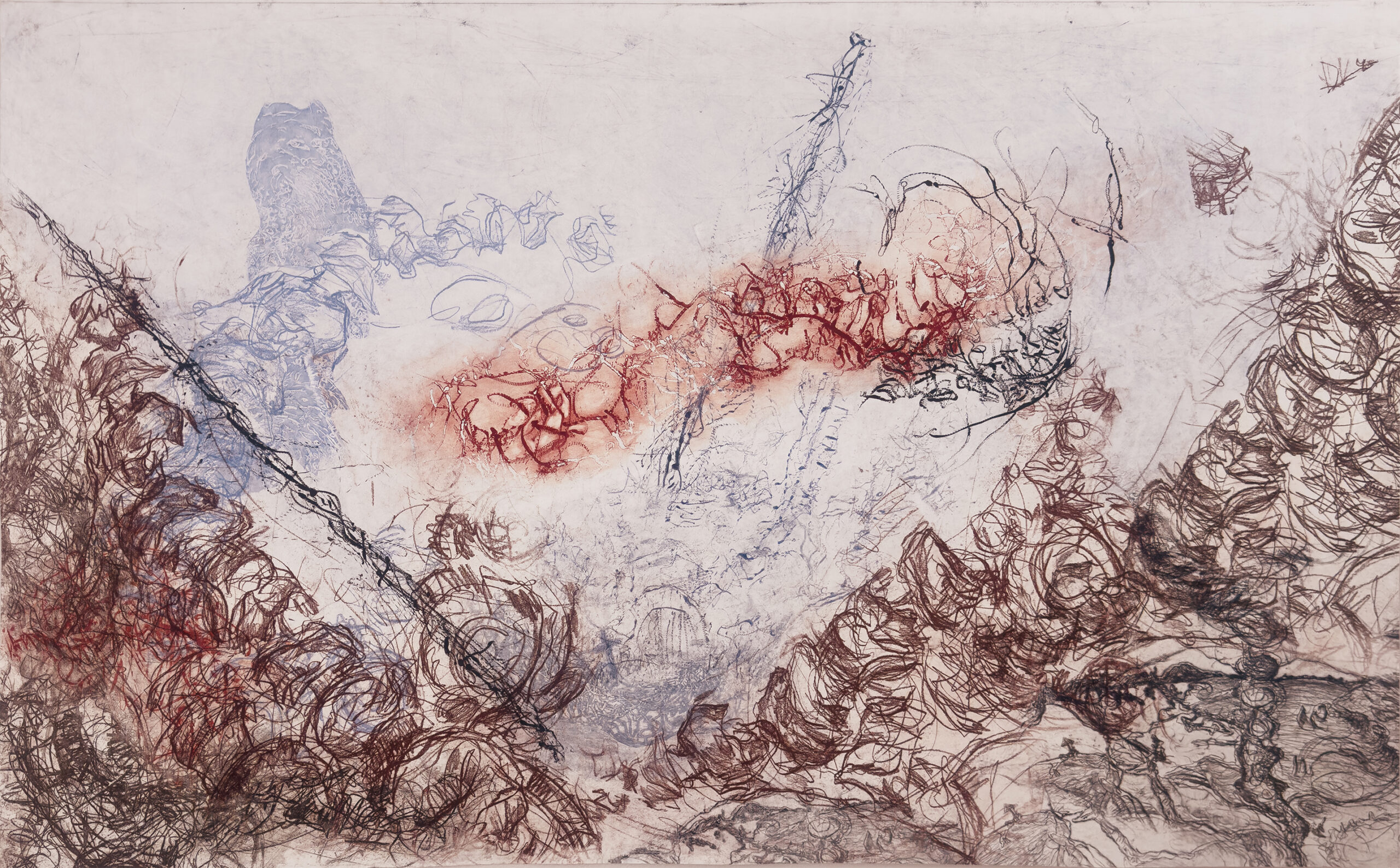 Abstract intaglio print with an expansive horizontal composition. Fine, looping lines in brown, black, and blue form dense, tangled clusters across a pale background. A soft red band runs diagonally through the center, suggesting erosion, excavation, or a buried form beneath the surface. The overall effect is atmospheric and gestural, evoking landscape and geological layers.