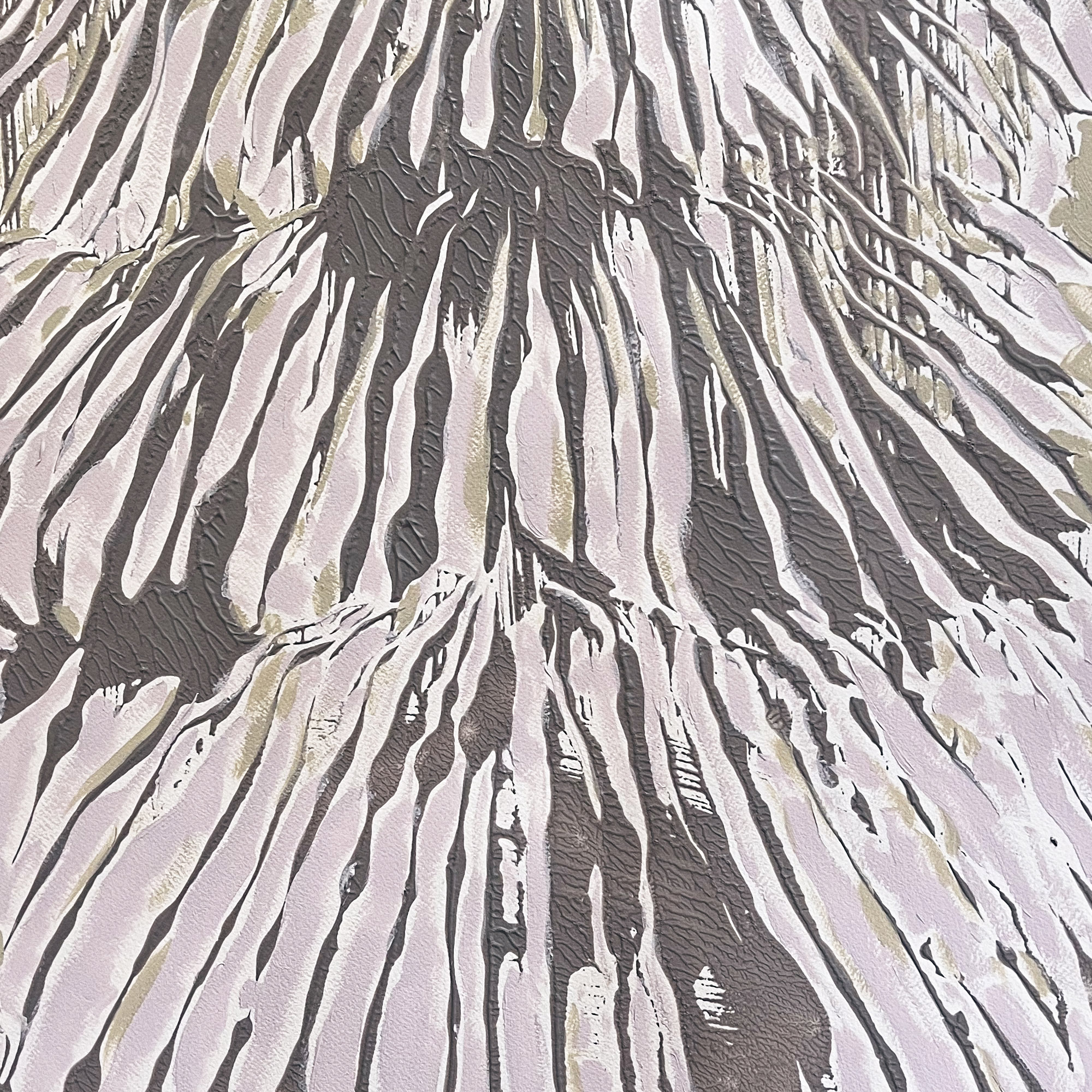 Detail Abstract monoprint on white paper featuring layered, vertical, organic forms. Pale pink and cream shapes are interwoven with dark gray, textured lines that resemble furrows, bark, or flowing fibers. The composition is dense and tactile, with repeated striations creating a sense of movement and depth.