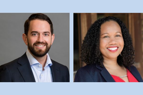 Two professional headshots side by side: on the left, a man with a beard wearing a dark blazer and light blue shirt against a gray background; on the right, a woman with curly hair wearing a navy blazer and red top against a warm, blurred indoor background.