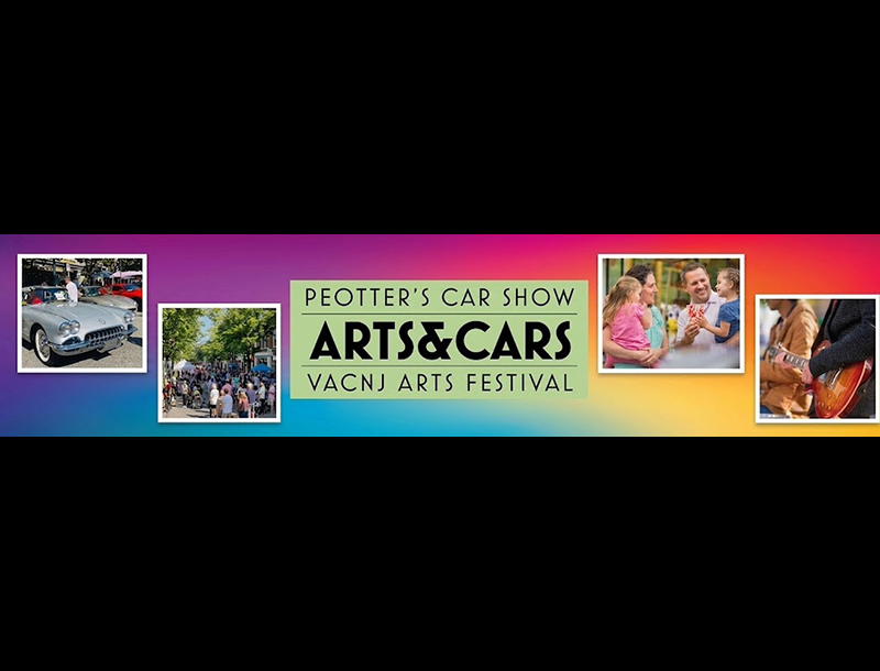 Banner for Peotter's Car Show Arts & Cars, a VACNJ Arts Festival, featuring photos of a vintage light blue convertible car, a crowded street festival scene, a family enjoying the event, and a close-up of someone playing an electric guitar, set against a rainbow gradient background.
